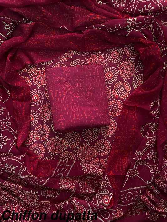 JAAL HAND BLOCK PRINT COTTON SUIT SET WITH CHIFFON DUPATTA(WACFCOTMU43)