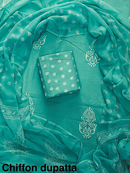 JAAL HAND BLOCK PRINT COTTON SUIT SET WITH CHIFFON DUPATTA(WACFCOTMU38)