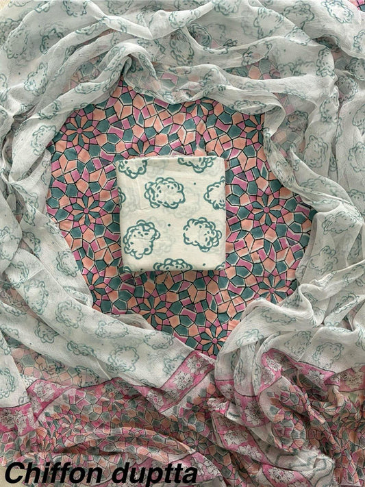 JAAL HAND BLOCK PRINT COTTON SUIT SET WITH CHIFFON DUPATTA(WACFCOTMU07)