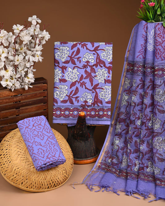 New Hand Block Print Cotton Suit Set with Kota Doria Dupatta  (WAKOTMU75)