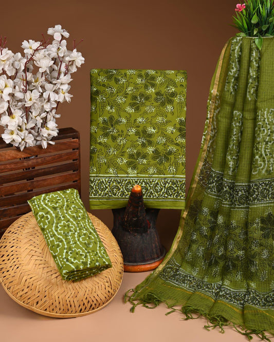 New Hand Block Print Cotton Suit Set with Kota Doria Dupatta  (WAKOTMU74)