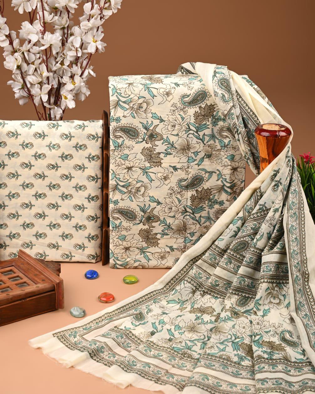 Designer Hand Block Print Cotton Suit Set with Mulmul Dupatta(WACOTMU181)