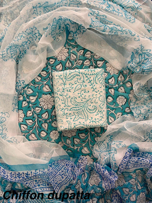 New Premium Hand Block Print Cotton Suit Set with Chiffon Dupatta(WACFCOTMU51)