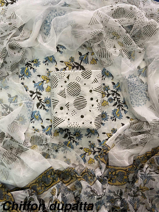 JAAL HAND BLOCK PRINT COTTON SUIT SET WITH CHIFFON DUPATTA(WACFCOTMU46)