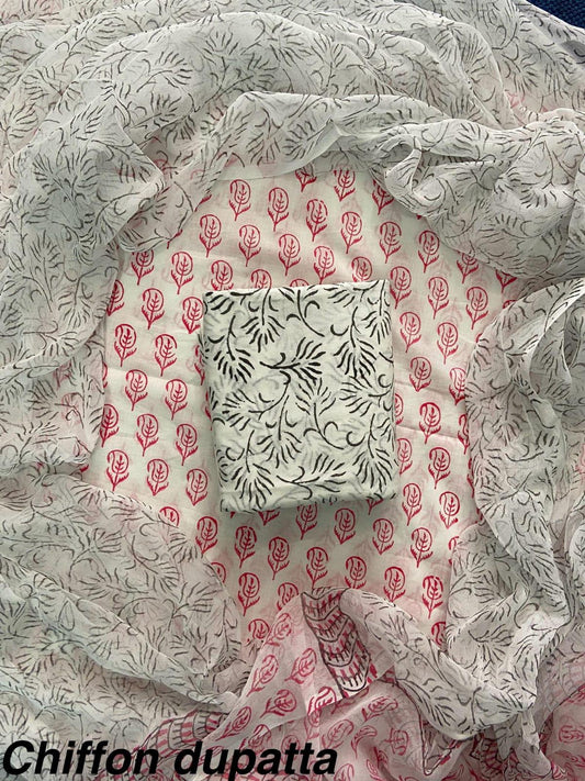 JAAL HAND BLOCK PRINT COTTON SUIT SET WITH CHIFFON DUPATTA(WACFCOTMU45)
