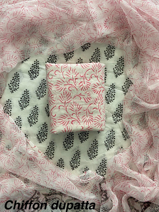 JAAL HAND BLOCK PRINT COTTON SUIT SET WITH CHIFFON DUPATTA(WACFCOTMU44)