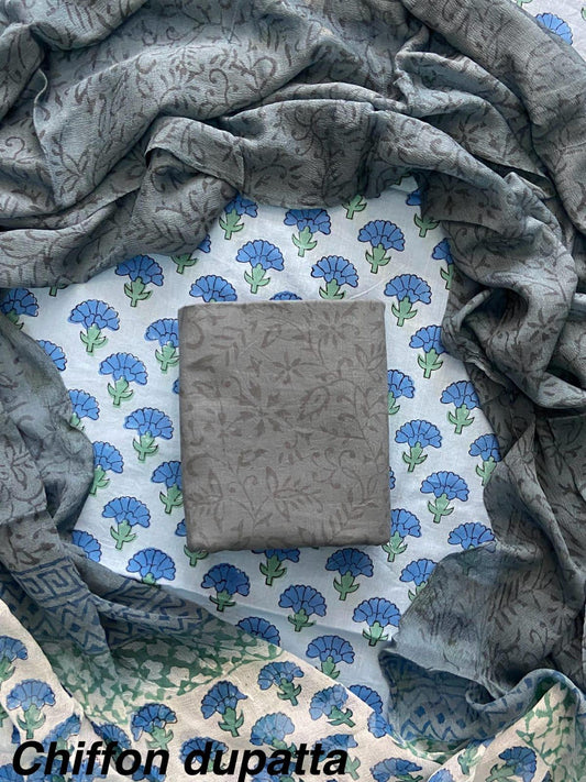 JAAL HAND BLOCK PRINT COTTON SUIT SET WITH CHIFFON DUPATTA(WACFCOTMU43)