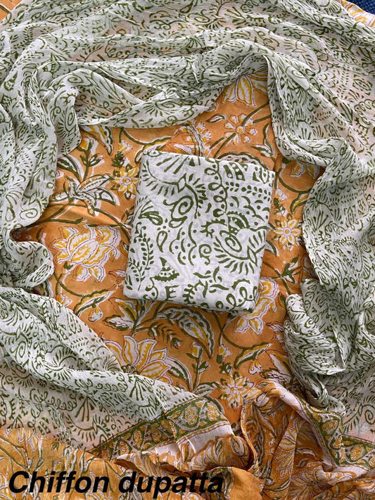 JAAL HAND BLOCK PRINT COTTON SUIT SET WITH CHIFFON DUPATTA(WACFCOTMU42)