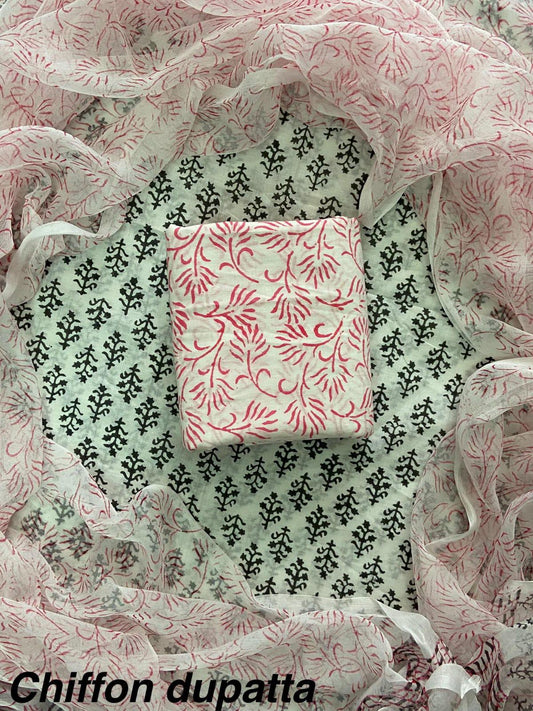 JAAL HAND BLOCK PRINT COTTON SUIT SET WITH CHIFFON DUPATTA(WACFCOTMU41)