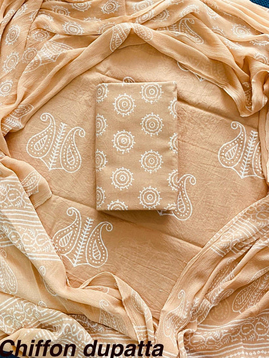 JAAL HAND BLOCK PRINT COTTON SUIT SET WITH CHIFFON DUPATTA(WACFCOTMU37)