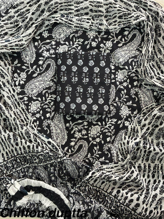 JAAL HAND BLOCK PRINT COTTON SUIT SET WITH CHIFFON DUPATTA(WACFCOTMU07)