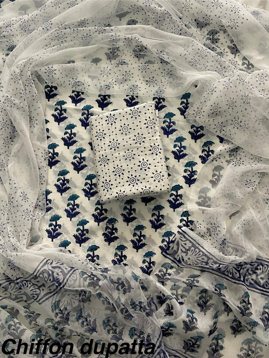 JAAL HAND BLOCK PRINT COTTON SUIT SET WITH CHIFFON DUPATTA(WACFCOTMU05)