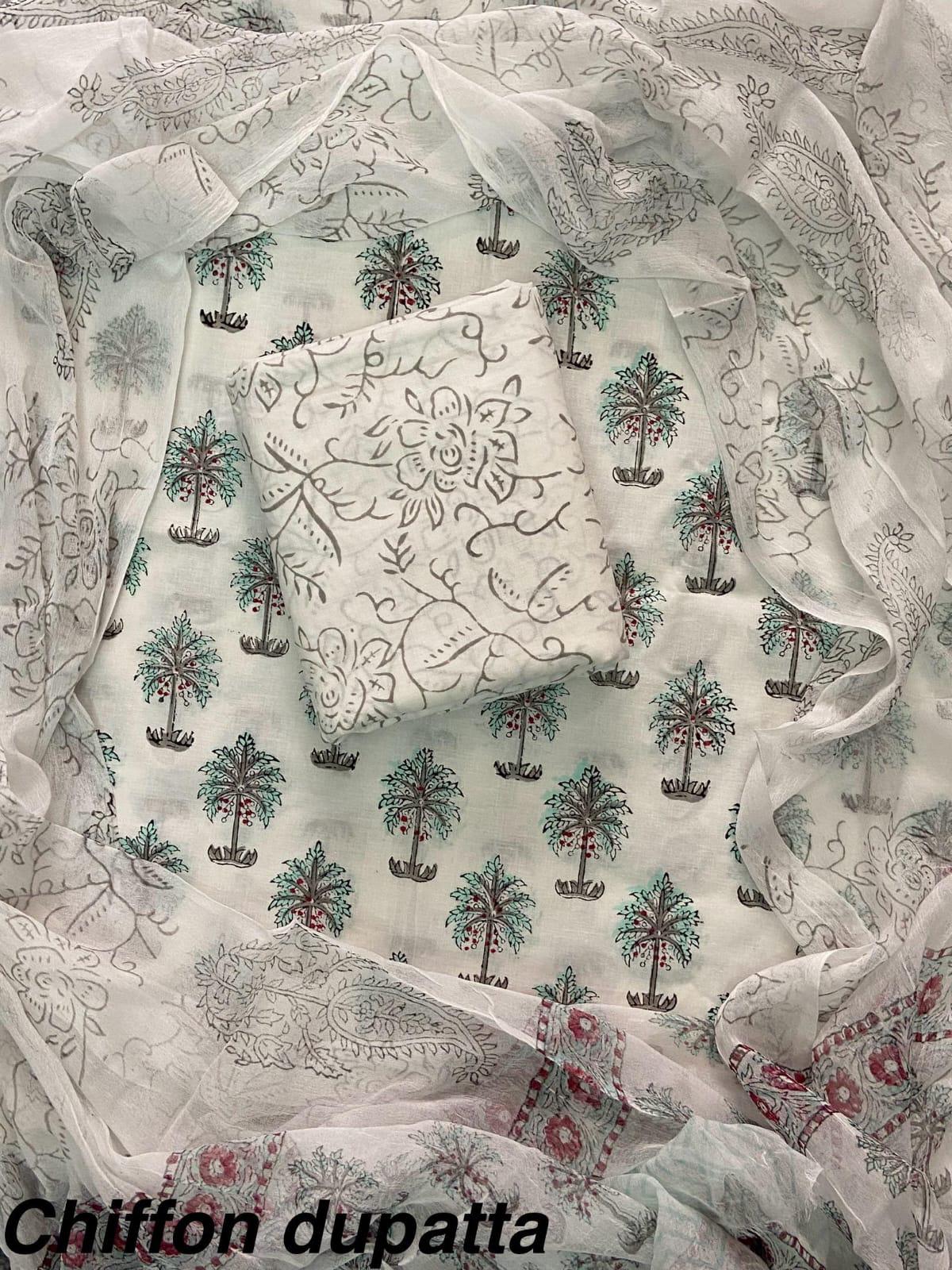 JAAL HAND BLOCK PRINT COTTON SUIT SET WITH CHIFFON DUPATTA(WACFCOTMU105)