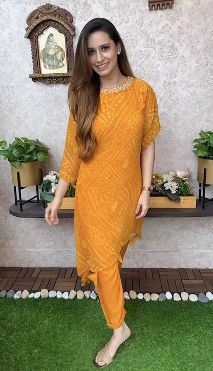 Export Chinnon Premium Bhandej Hand Work Kaftan Pattern Kurti With Premium Pant At Manufacturing Rate (WACD126)01