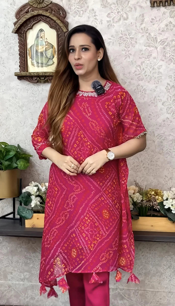 Export Chinnon Premium Bhandej Hand Work Kaftan Pattern Kurti With Premium Pant At Manufacturing Rate (WACD126)01