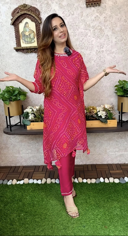 Export Chinnon Premium Bhandej Hand Work Kaftan Pattern Kurti With Premium Pant At Manufacturing Rate (WACD126)01