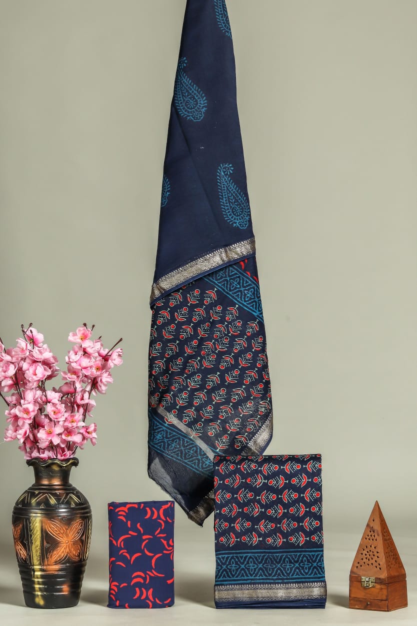 New Exclusive Hand Block Print Maheshwari Silk Suit Set 4