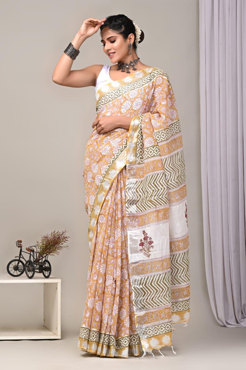 Hand Block Printed Linen Saree With Unstitched Blouse (SWSRLIL10)