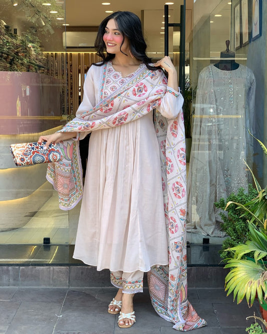 Premium Mul Chanderi 3 Pcs Gown Set (WARED484)