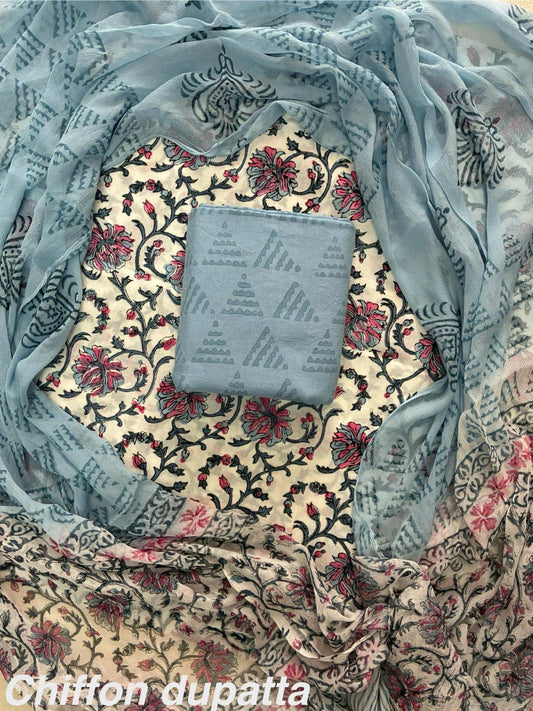 New Premium Hand Block Print Cotton Suit Set with Chiffon Dupatta(WACFCOTMU14)