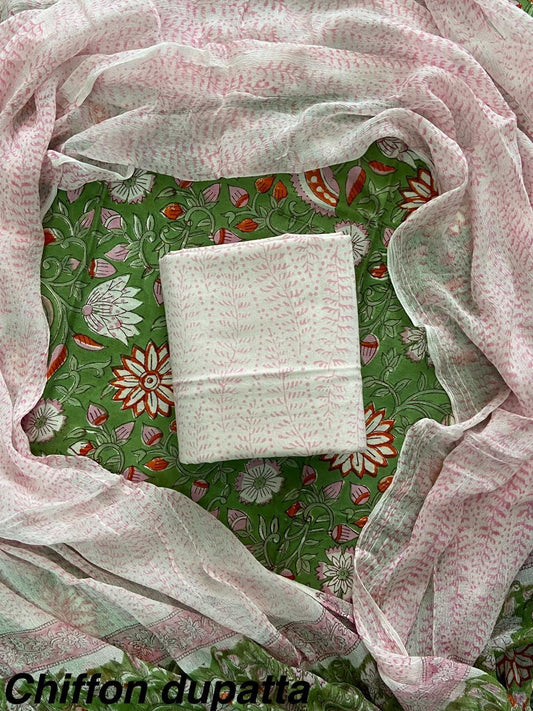 New Premium Hand Block Print Cotton Suit Set with Chiffon Dupatta(WACFCOTMU18)