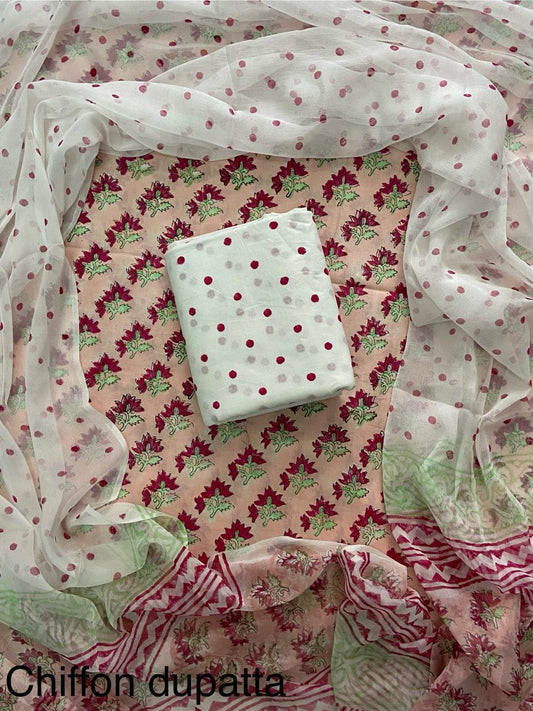 New Premium Hand Block Print Cotton Suit Set with Chiffon Dupatta(WACFCOTMU19)