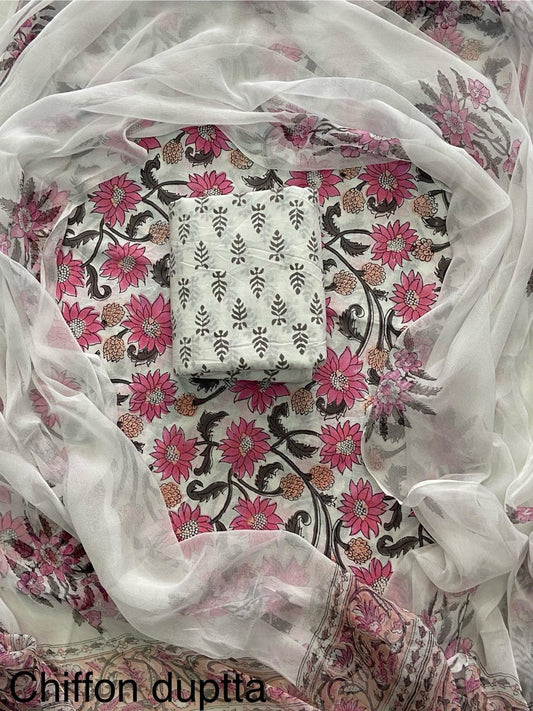 New Premium Hand Block Print Cotton Suit Set with Chiffon Dupatta(WACFCOTMU22)