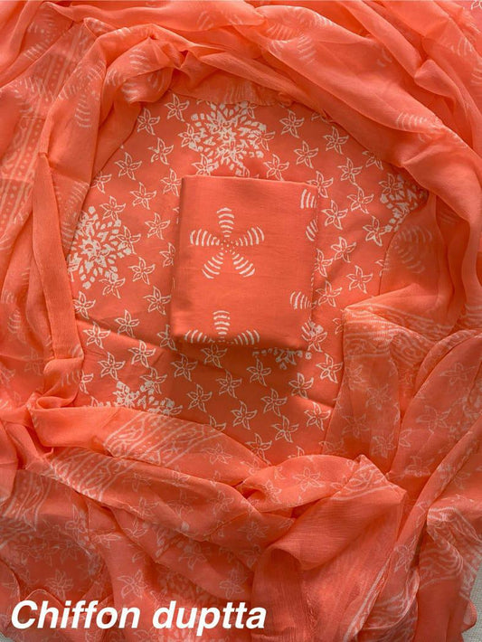 New Premium Hand Block Print Cotton Suit Set with Chiffon Dupatta(WACFCOTMU54)