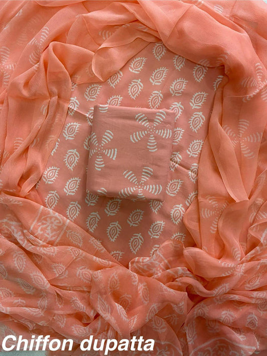 New Premium Hand Block Print Cotton Suit Set with Chiffon Dupatta(WACFCOTMU55)