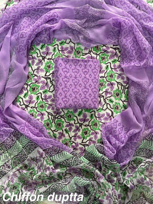 New Premium Hand Block Print Cotton Suit Set with Chiffon Dupatta(WACFCOTMU57)