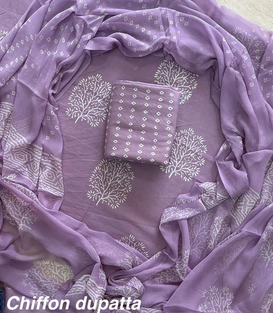 New Premium Hand Block Print Cotton Suit Set with Chiffon Dupatta(WACFCOTMU59)