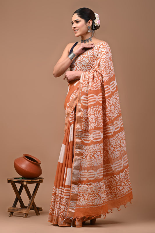 Hand Block Printed Linen Saree With Unstitched Blouse (SWSRLIL01)
