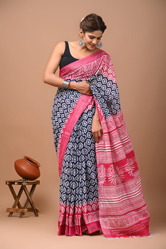 Hand Block Printed Linen Saree With Unstitched Blouse (SWSRLIL02)