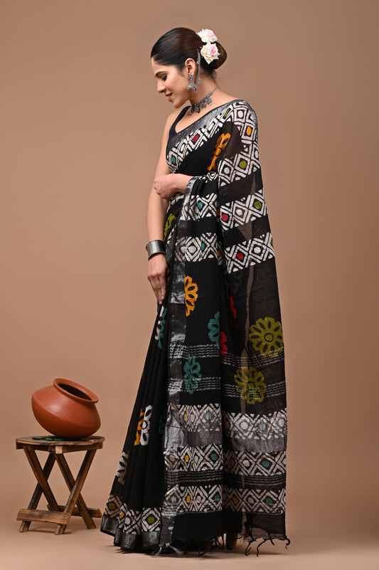Hand Block Printed Linen Saree With Unstitched Blouse (SWSRLIL03)