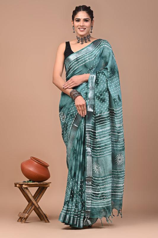 Hand Block Printed Linen Saree With Unstitched Blouse (SWSRLIL05)