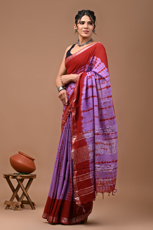 Hand Block Printed Linen Saree With Unstitched Blouse (SWSRLIL06