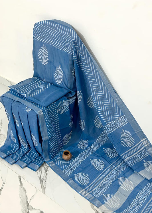 Hand Block Printed Linen Saree With Unstitched Blouse (SWSRLIL07