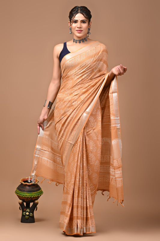 Hand Block Printed Linen Saree With Unstitched Blouse (SWSRLIL10)