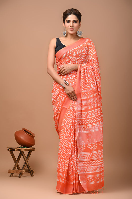 Hand Block Printed Linen Saree With Unstitched Blouse (SWSRLIL27)