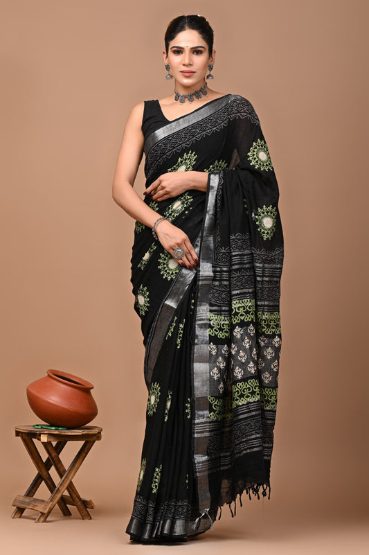 Hand Block Printed Linen Saree With Unstitched Blouse (SWSRLIL28)