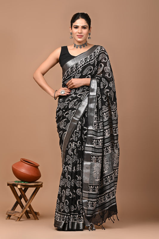 Hand Block Printed Linen Saree With Unstitched Blouse (SWSRLIL29