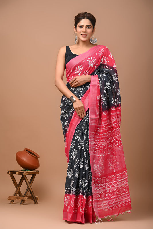 Hand Block Printed Linen Saree With Unstitched Blouse (SWSRLIL30)