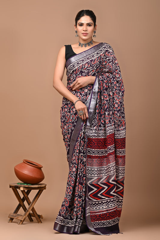 Hand Block Printed Linen Saree With Unstitched Blouse (SWSRLIL031)