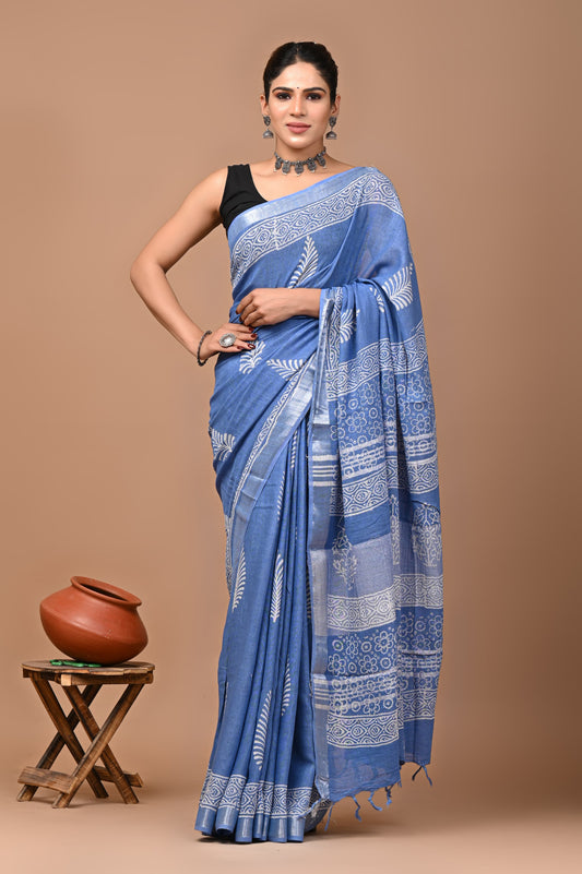 Hand Block Printed Linen Saree With Unstitched Blouse (SWSRLIL32)