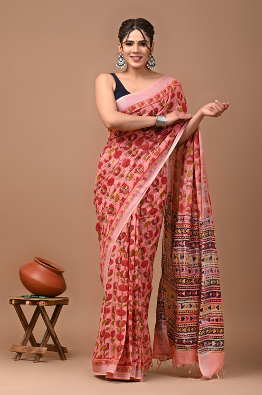 Hand Block Printed Linen Saree With Unstitched Blouse (SWSRLIL35)