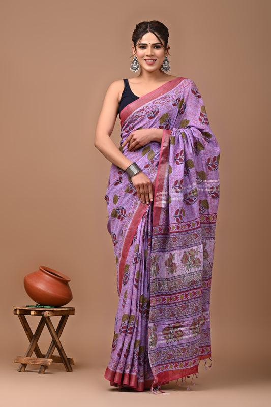 Hand Block Printed Linen Saree With Unstitched Blouse (SWSRLIL34
