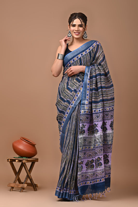 Hand Block Printed Linen Saree With Unstitched Blouse (SWSRLIL37)