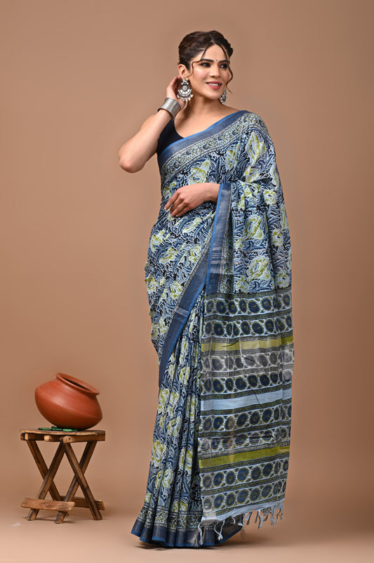 Hand Block Printed Linen Saree With Unstitched Blouse (SWSRLIL36)
