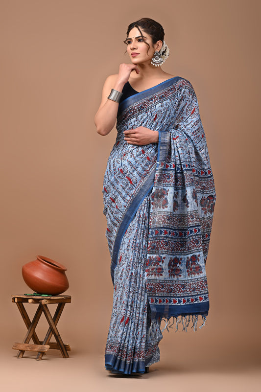 Hand Block Printed Linen Saree With Unstitched Blouse (SWSRLIL38)