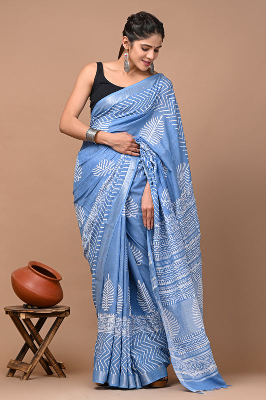 Hand Block Printed Linen Saree With Unstitched Blouse (SWSRLIL39)